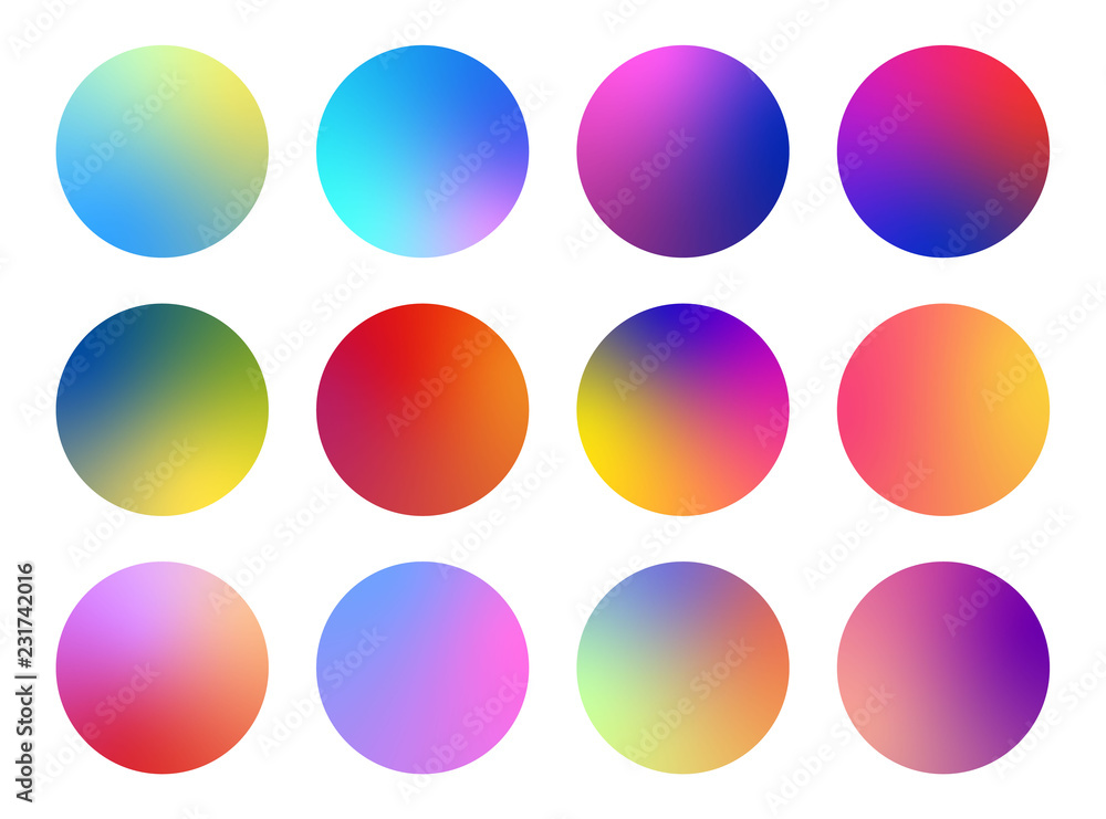 Round holographic gradient spheres for buttons or backgrounds. Multicolor, blue, purple, yellow, orange, pink, cyan fluid circle gradients. Set with vivid colors on white background.
