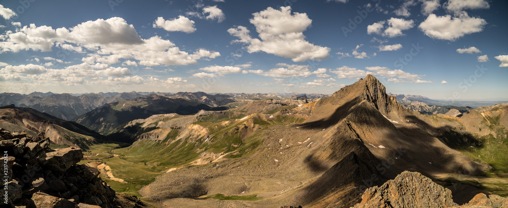 Breathtaking view of Wetterhorn Peak and the lush alpine meadows. Colorado Rocky Mountains