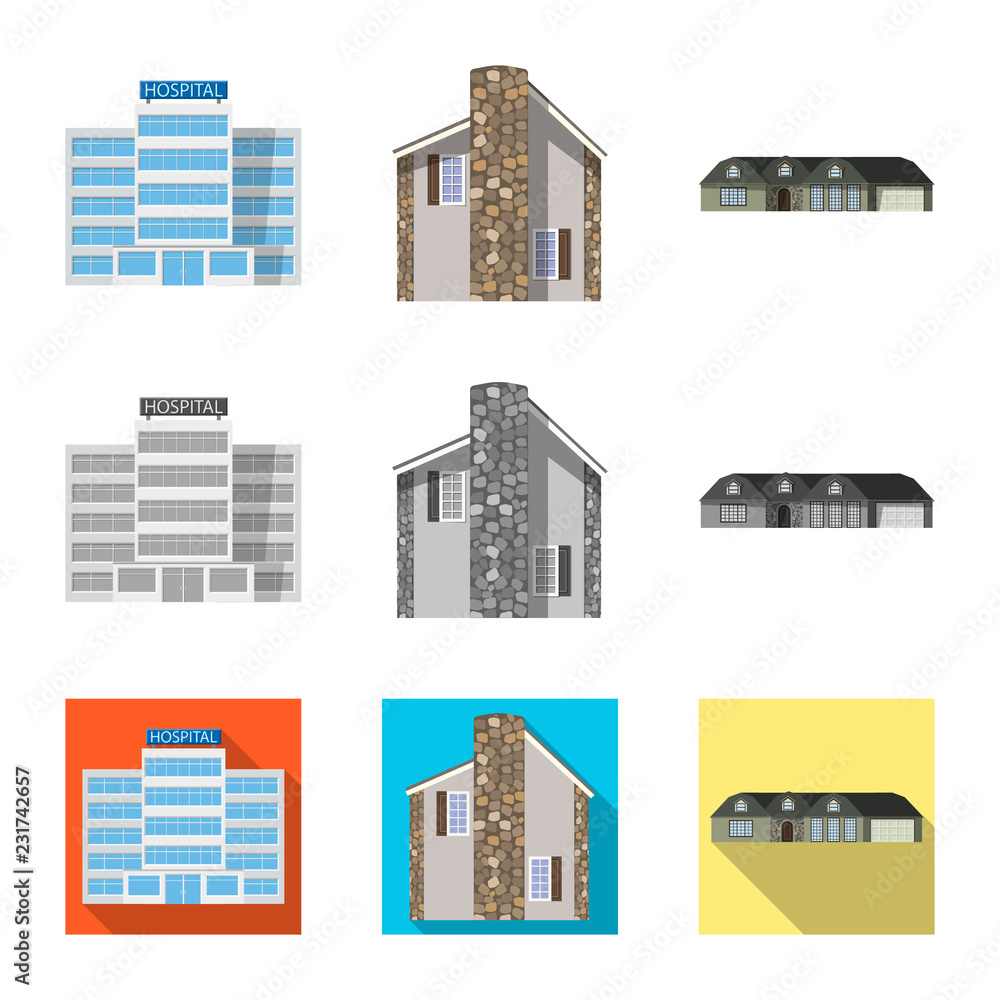 Isolated object of building and front sign. Set of building and roof stock vector illustration.