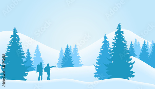 Vector illustration of winter landscape with coniferous forest with trees and two tourists, man and woman with backpacks. Snowy hill under winter gray and white sky