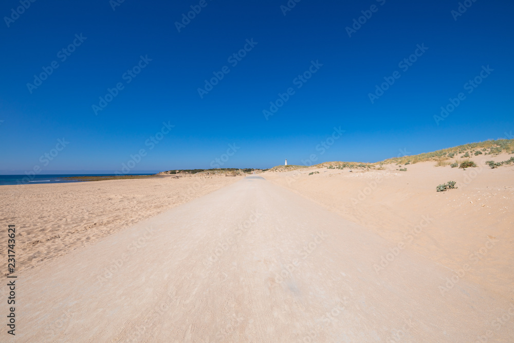 lonely sand track to Trafalgar Cape in Cadiz lonely sand track to Trafalgar Cape in Cadiz
