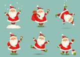 Collection of Cute Christmas Santa Claus isolated. Christmas Set of Cheerful, funny Santa clause for winter holidays. Happy Santa Claus cartoon character ready new year. vector.