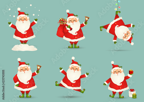 Collection of Cute Christmas Santa Claus isolated. Christmas Set of Cheerful, funny Santa clause for winter holidays. Happy Santa Claus cartoon character ready new year. vector. photo