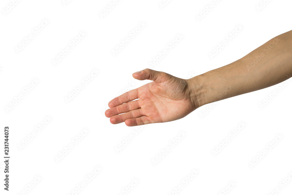 Outstretched male hand with open palm on white background. Side picture. Handshake gesture, deal, greetings
