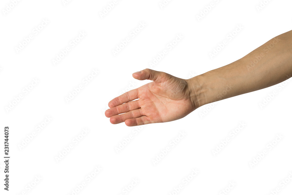 Outstretched male hand with open palm on white background. Side picture. Handshake gesture, deal, greetings Outstretched male hand with open palm on white background. Side picture. Handshake gesture, deal, greetings