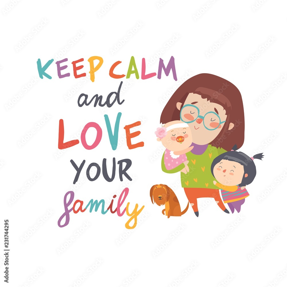 Cartoon young mother with her cute children