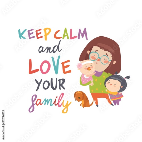 Cartoon young mother with her cute children