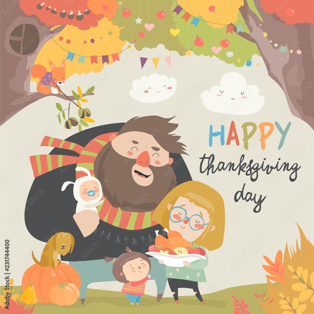Vector illustration of a cartoon happy family celebrating Thanksgiving Day Vector illustration of a cartoon happy family celebrating Thanksgiving Day