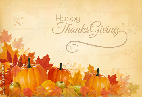 Happy Thanksgiving Background with colorful leaves and old paper. Vector.