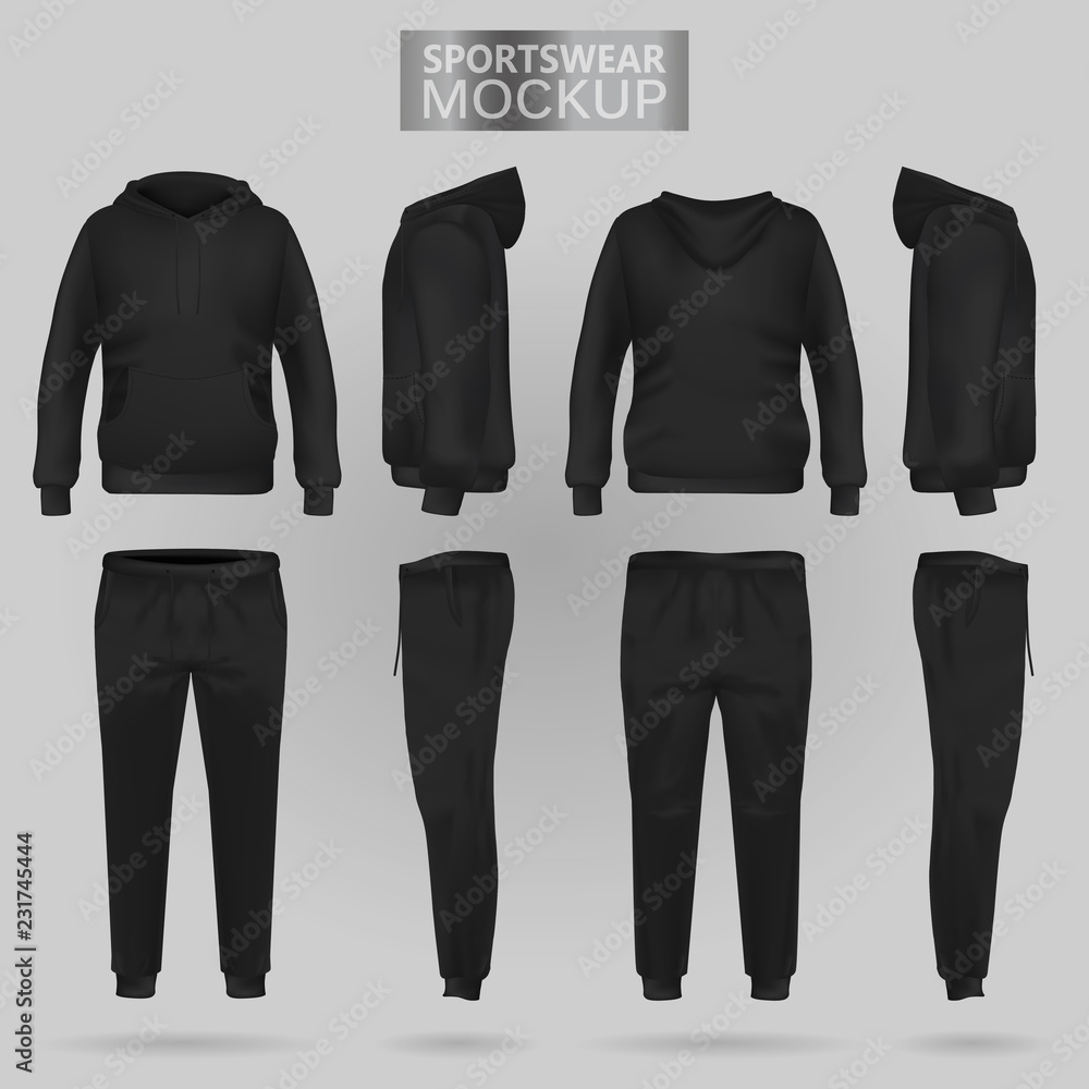 Mockup of the Black sportswear hoodie and trousers in four dimensions:  front, side and back view, realistic gradient mesh vector. Clothes for  sport and urban style Stock Vector | Adobe Stock