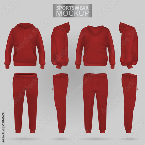 Mockup of the red sportswear hoodie and trousers in four dimensions: front, side and back view, realistic gradient mesh vector. Clothes for sport and urban style