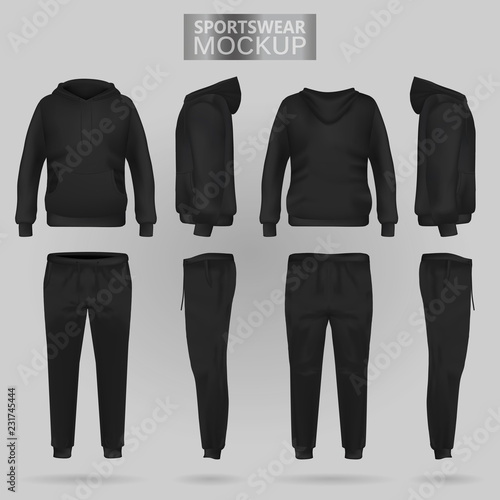 Mockup of the Black sportswear hoodie and trousers in four dimensions: front, side and back view, realistic gradient mesh vector. Clothes for sport and urban style photo
