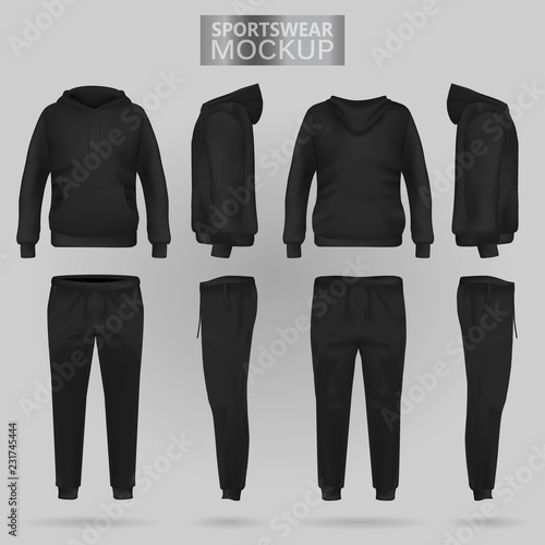 Mockup of the Black sportswear hoodie and trousers in four dimensions: front, side and back view, realistic gradient mesh vector. Clothes for sport and urban style