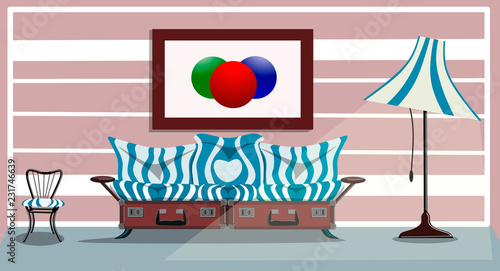 Дизайн жилой комнаты с диваном, сделанным из старых чемоданов, векторная иллюстрация