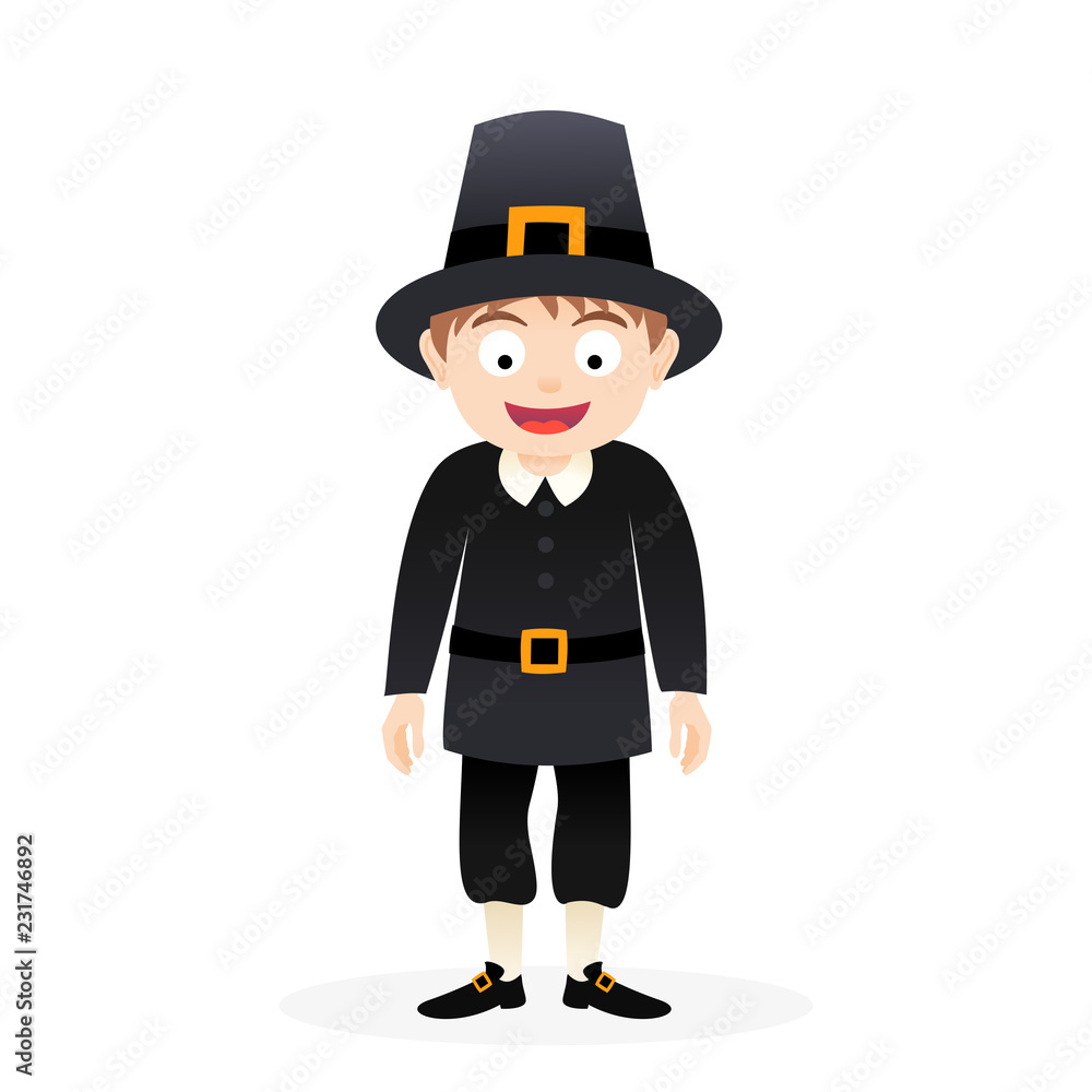 Happy cartoon pilgrim man, vector thanksgiving character illustration isolated on white background