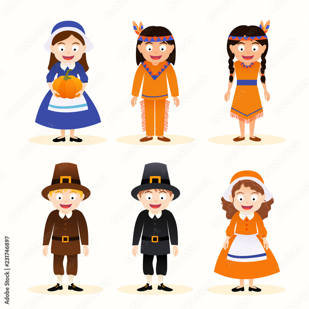 Vector set of cartoon thanksgiving character, indian and pilgrim isolated on white background