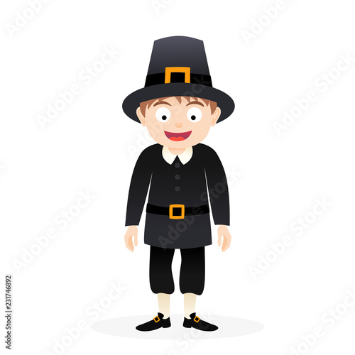 Happy cartoon pilgrim man, vector thanksgiving character illustration isolated on white background