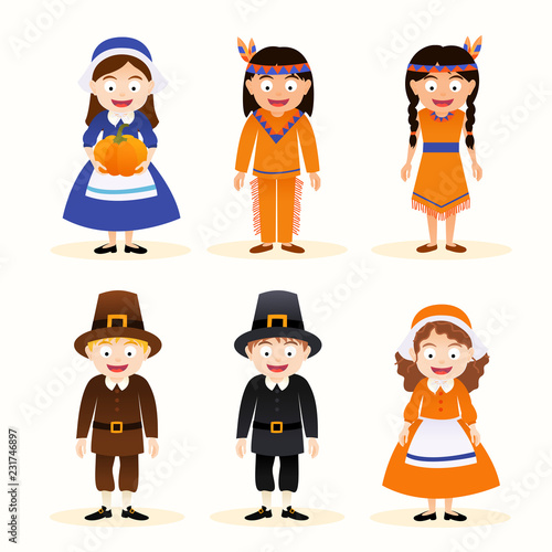 Vector set of cartoon thanksgiving character, indian and pilgrim isolated on white background