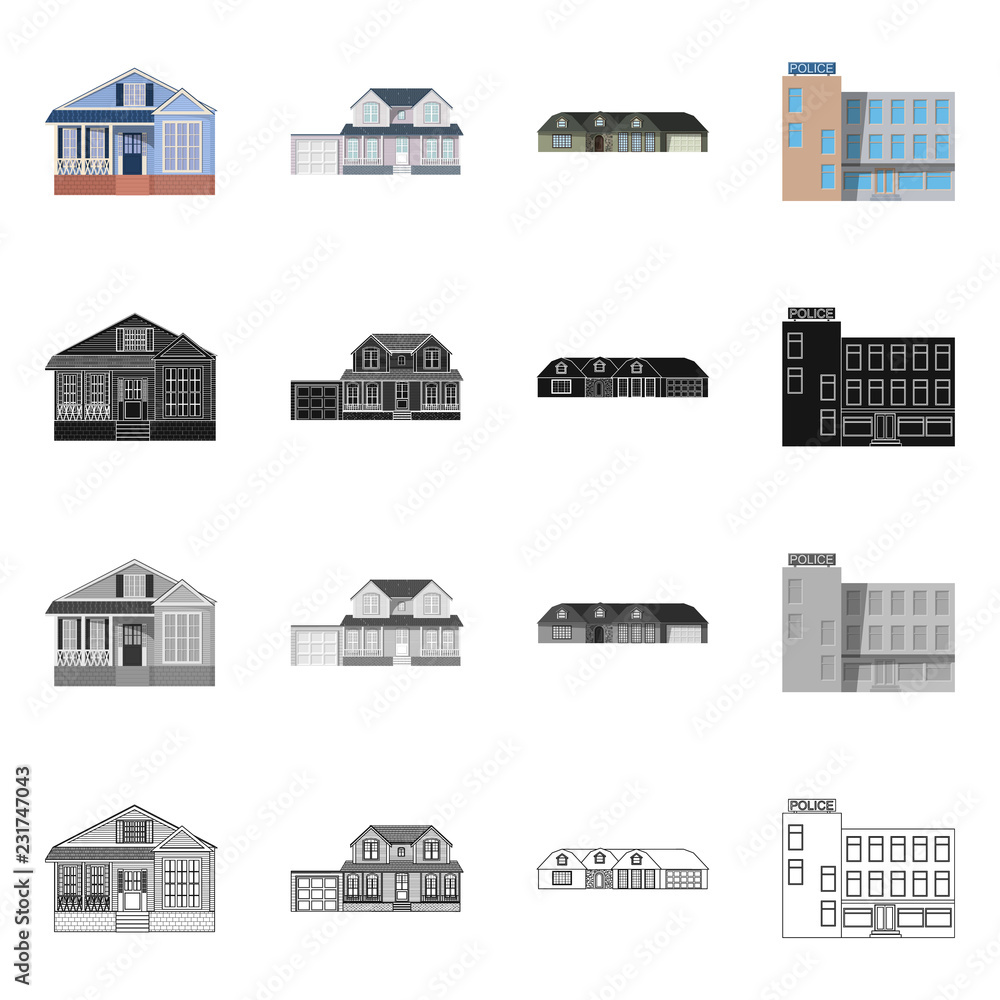Vector illustration of building and front logo. Collection of building and roof stock symbol for web.