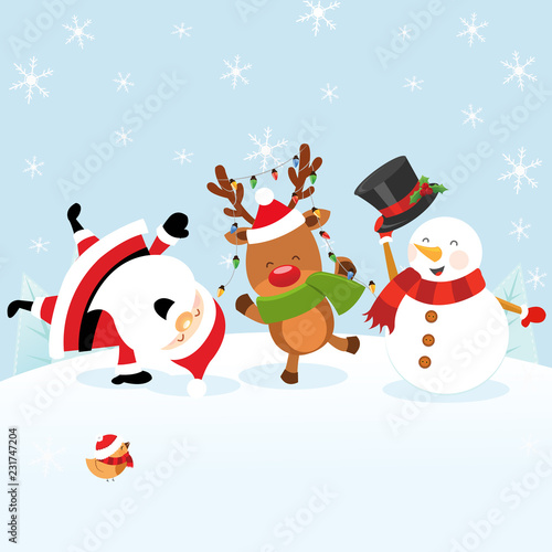 Santa Reindeer Snowman Celebrating Christmas