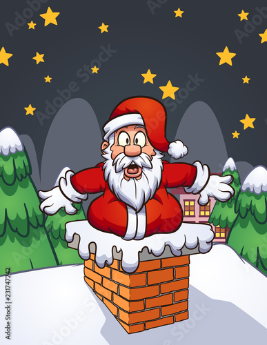 Fat shocked cartoon Santa Claus stock in chimney.  Vector clip art illustration with simple gradients. Some elements on separate layers. 
