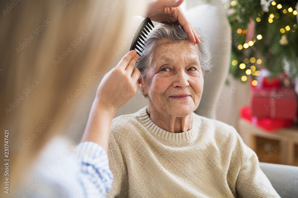 A health visitor combing hair of senior woman at home at Christmas time. - obrazy, fototapety, plakaty 