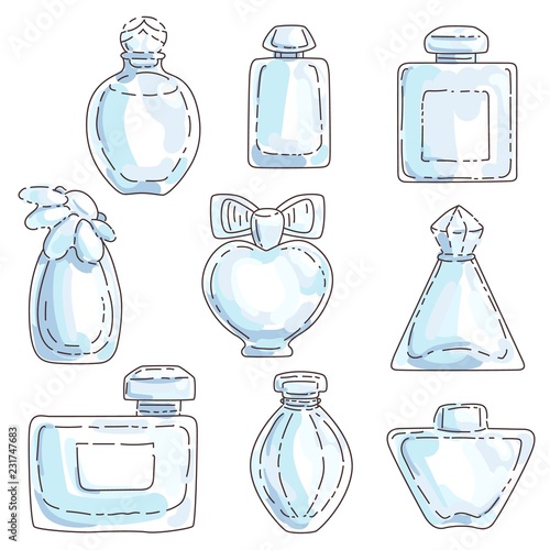 Set of perfume in bottles of different shapes with different colors.