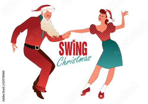 Christmas couple dancing swing, rock or lindy hop. Man dressed as Santa Claus and beautiful girl wearing Christmas clothes dancing retro music.