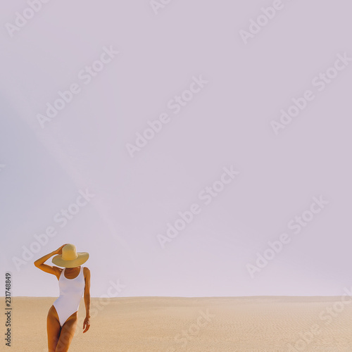 Beach lady. Minimal desert landscape. Vacation vibes