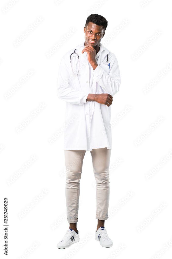 Full body of African american doctor smiling and looking to the front with confident face on white background Full body of African american doctor smiling and looking to the front with confident face on white background