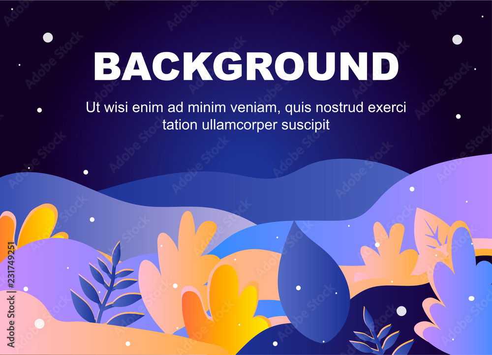 Background with copy space for text plants, leaves. Vector illustration in trendy flat style and bright vibrant gradient colors. Background for banner, greeting card. Material Design Illustrations. Background with copy space for text plants, leaves. Vector illustration in trendy flat style and bright vibrant gradient colors. Background for banner, greeting card. Material Design Illustrations.