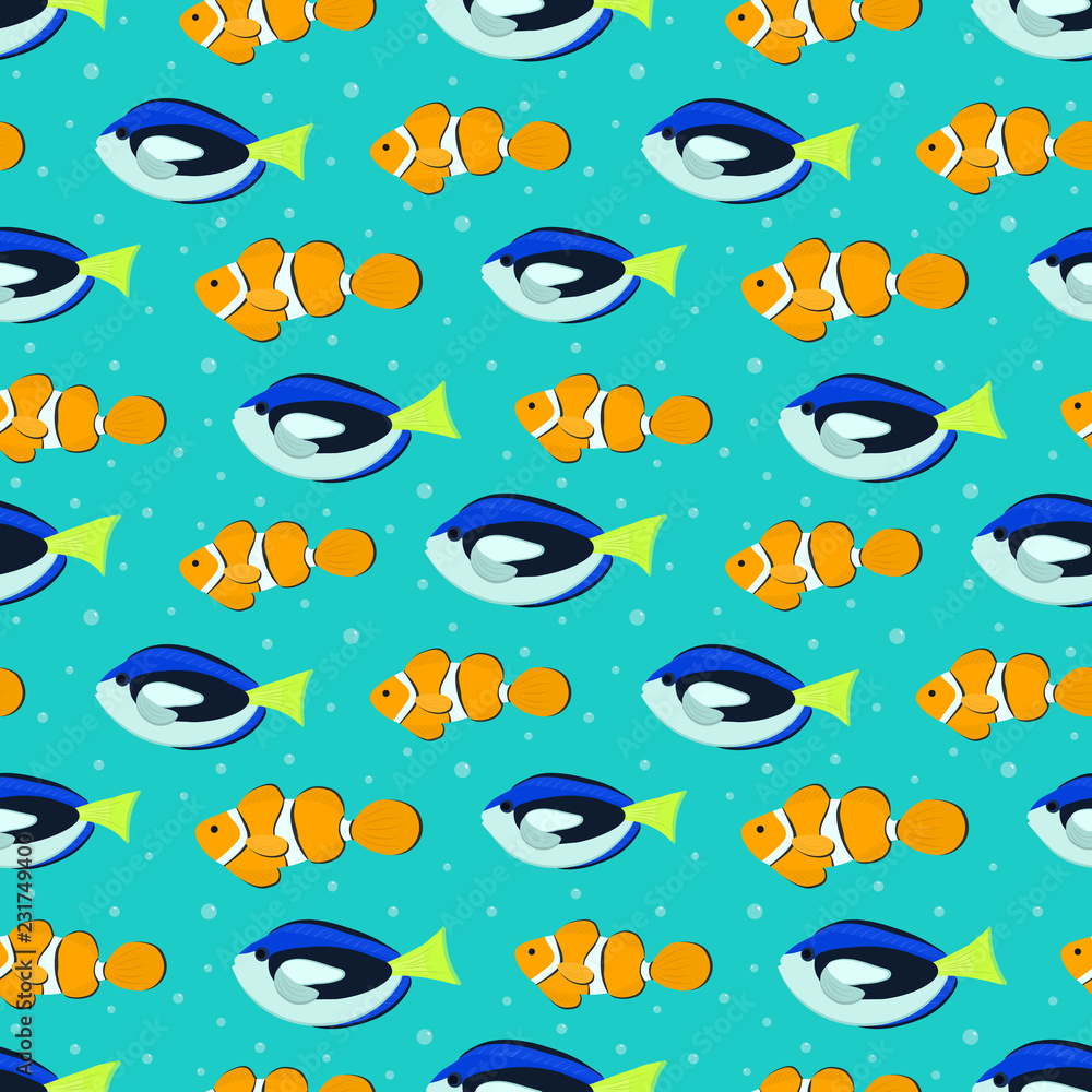 Seamless pattern with aquarium fish. There are blue surgeon fishes and orange clown fishes in the picture. Vector illustration on a turquoise background.