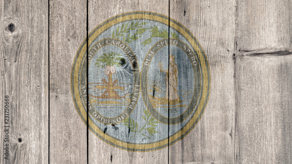 USA Politics News Concept: US State South Carolina Seal Wooden Fence Background