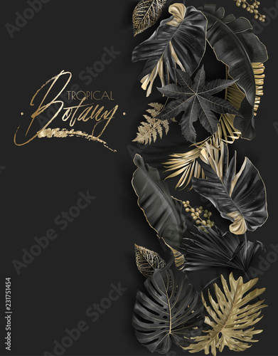 Tropikalne liście czarno-złoty sztandar botaniczny