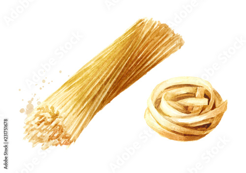 Yellow uncooked pasta set. Watercolor hand drawn illustration isolated on white background