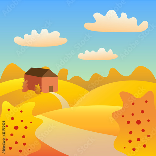autumn landscape with a house on the hill