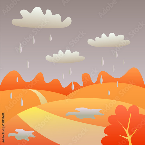 autumn rainy landscape with hills