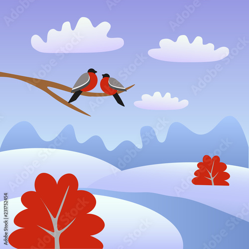 winter card with bullfinches and landscape