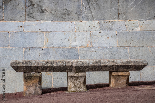 stone bench in front of parish church Transfiguració des Senyor, Artà, Mallorca, Balearic Islands, Spain photo