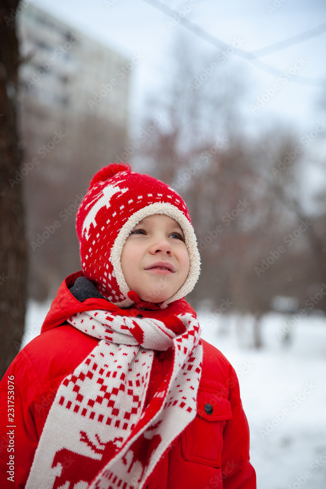 Winter portrait of kid boy in colorful clothes