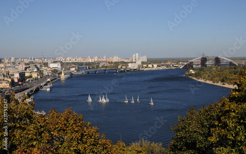 Beautiful landscape of the autumn city of Kiev. View of the river and district Podol