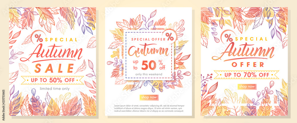 Autumn special offer banners with autumn leaves and floral elements in fall colors.Sale season card perfect for prints, flyers,banners, promotion,special offer and more. Vector autumn promotion..