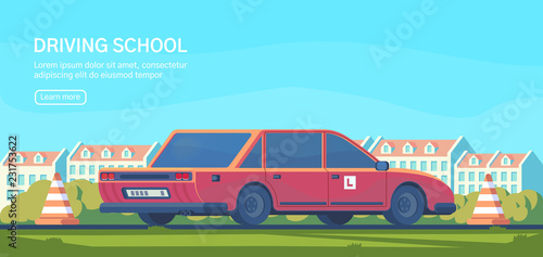 Driving school. Practical testing of maneuvers and exercises to improve driving skills. Flat vector illustration.