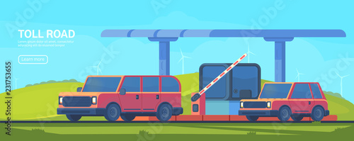 Checkpoint on the toll road. Booth with boom barrier Web banner. Vector flat illustration.