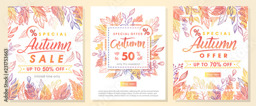 Autumn special offer banners with autumn leaves and floral elements in fall colors.Sale season card perfect for prints, flyers,banners, promotion,special offer and more. Vector autumn promotion.. © Xenia Artwork 