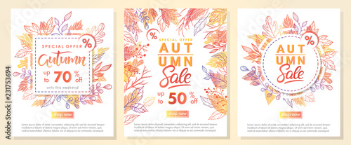 Autumn special offer banners with autumn leaves and floral elements in fall colors.Sale season card perfect for prints, flyers,banners, promotion,special offer and more. Vector autumn promotion..