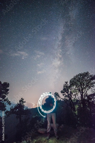 Chopta - Uttarakhand, india, October 10 2018, Solo Traveler Making Light Painting Under Milkyway at Deoria tal photo