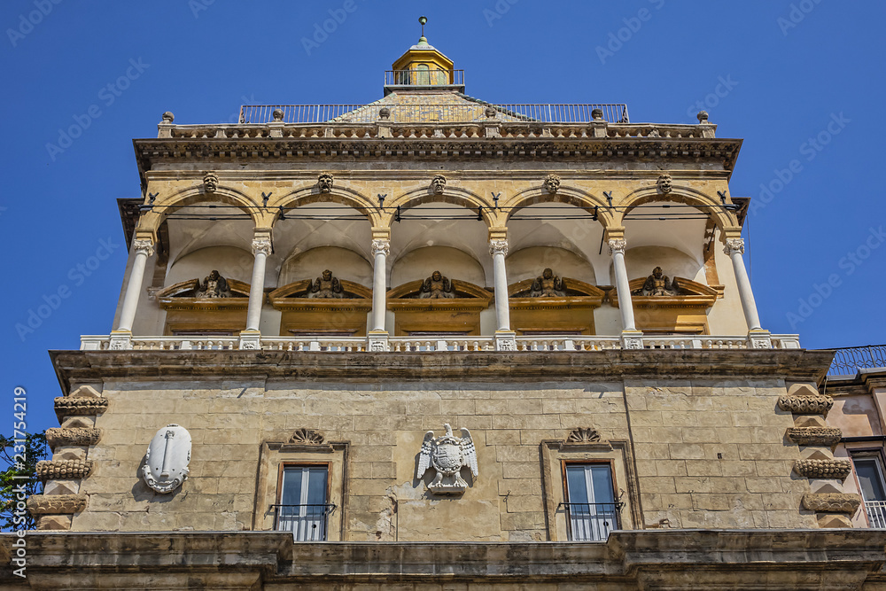 Monumental city gate of Palermo - Porta Nuova (1583 - 1669). Porta Nuova is located beside Palazzo dei Normanni (Palermo old royal palace). Palermo, Sicily, Italy.