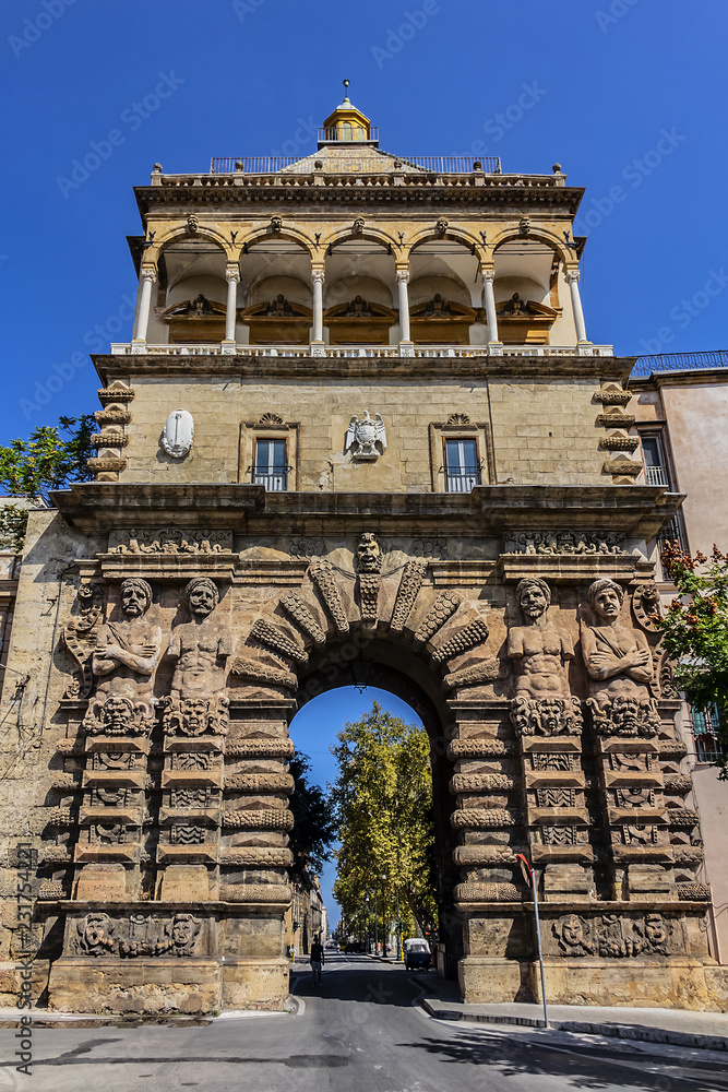 Monumental city gate of Palermo - Porta Nuova (1583 - 1669). Porta Nuova is located beside Palazzo dei Normanni (Palermo old royal palace). Palermo, Sicily, Italy.