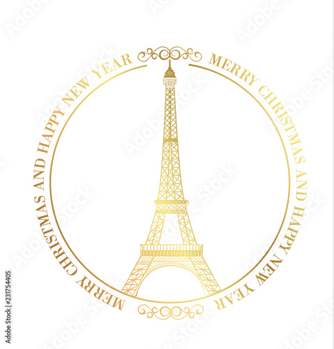 Happy new year card over white background with golden sparks. Eiffel tower with Golden confetti isolated over white background and sign Merry Christmas Paris Eiffel Tower France. Vector illustration.